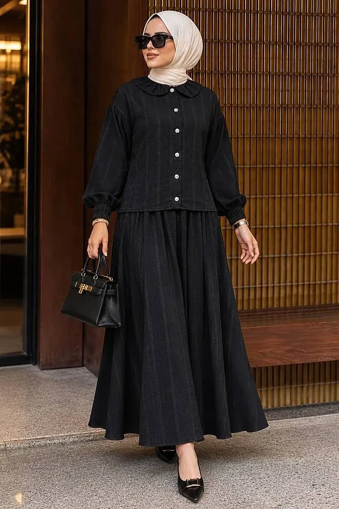 Bebe Yaka Siyah Tesettür Etekli İkili Takım 30004S - NEVA STYLE