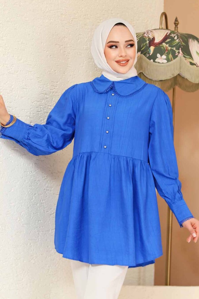 Bebe Yaka Sax Mavisi Tesettür Tunik 40691SX - 2