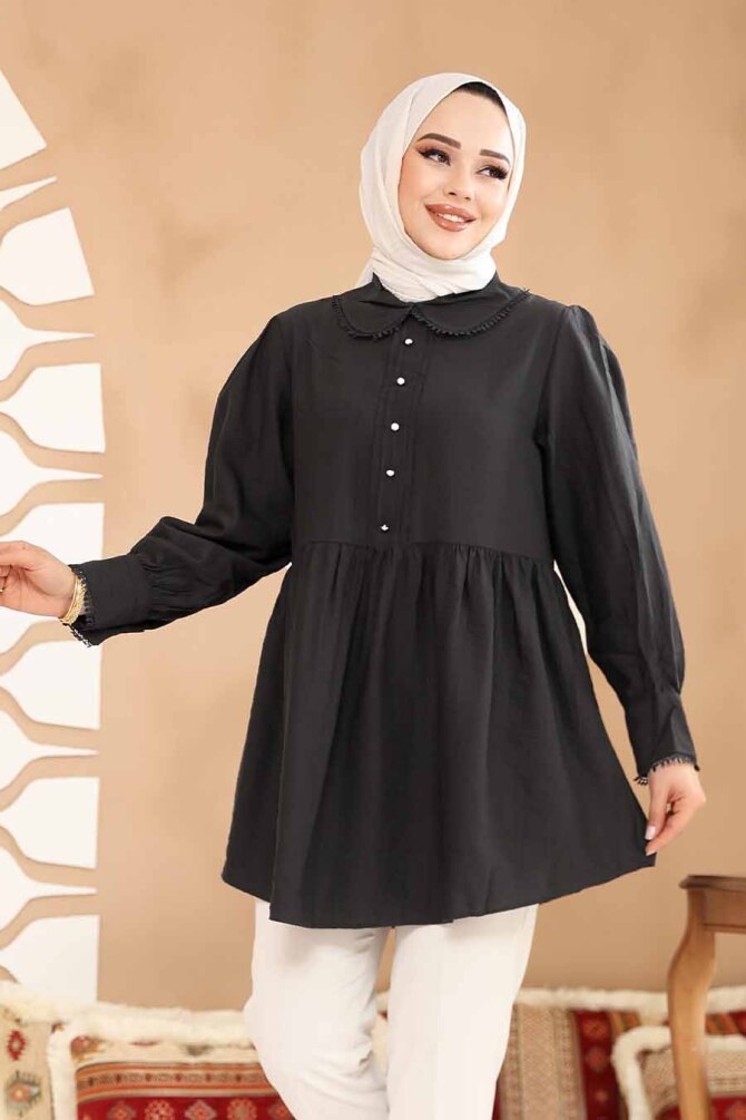 Bebe Yaka Siyah Tesettür Tunik 40691S - 4