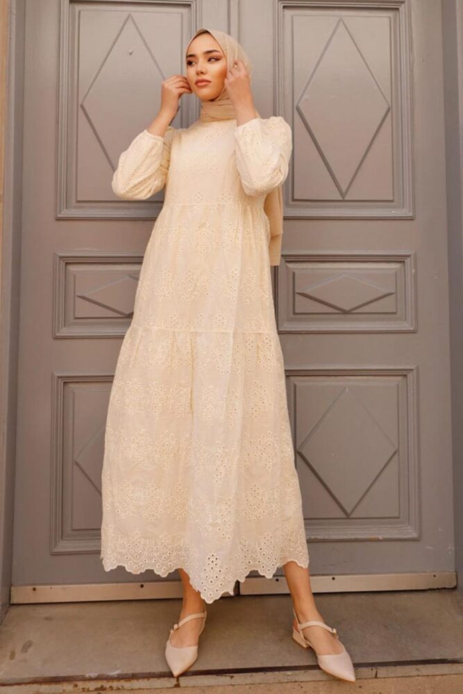 Neva Style -Beige Hijab Dress 1073BEJ - 1