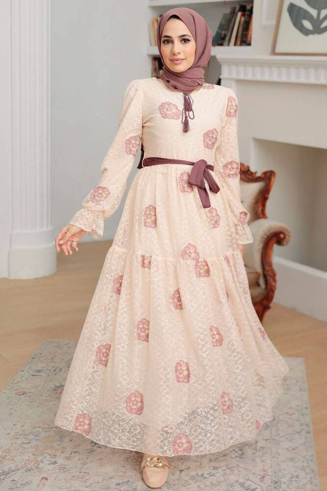 Beige Hijab Dress 1216BEJ - 3