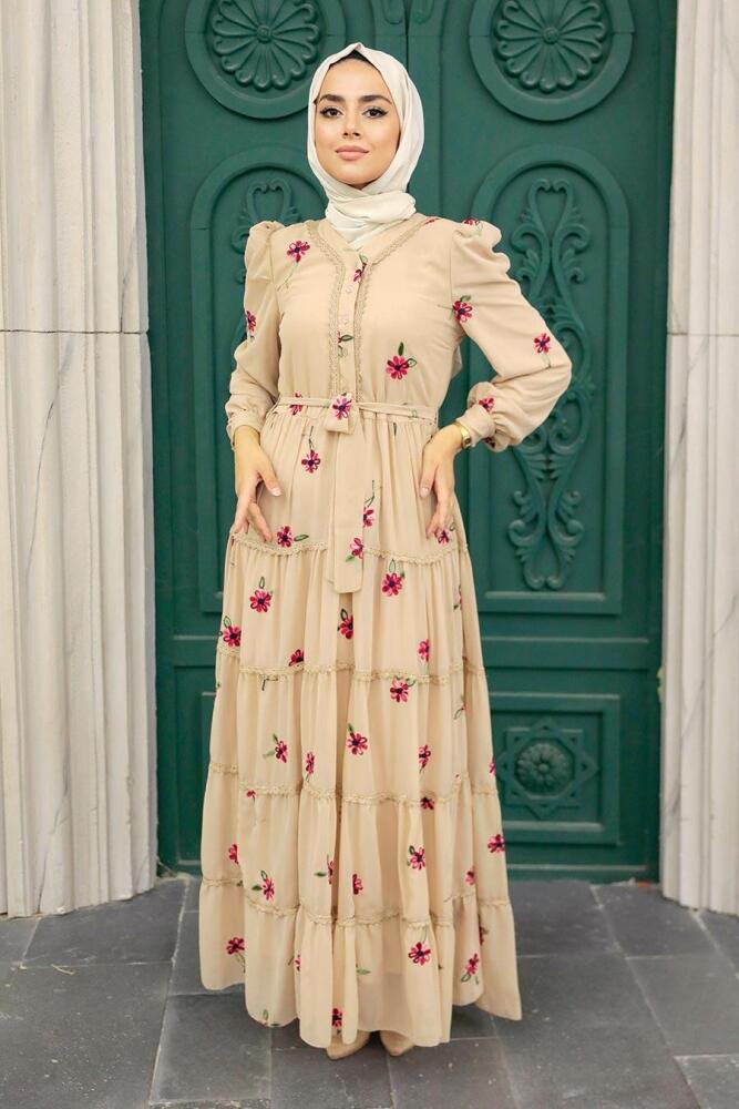Beige Hijab Dress 35720BEJ - 3