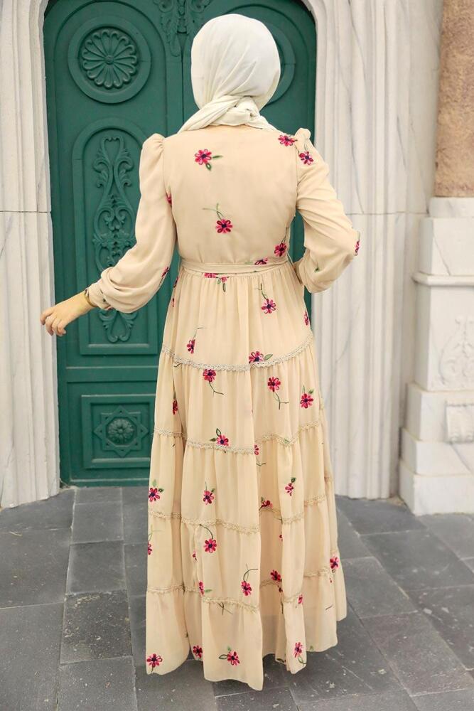 Beige Hijab Dress 35720BEJ - 4