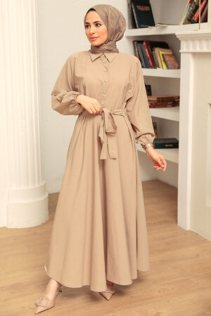 Beige Hijab Dress 50091BEJ - 1