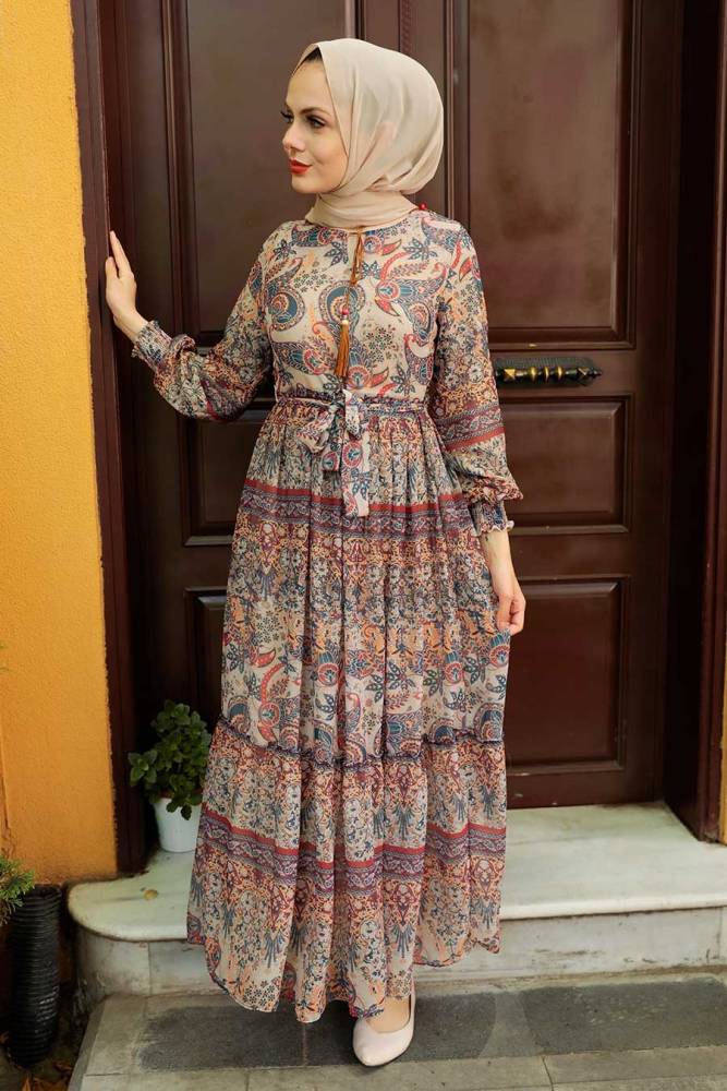 Beige Hijab Dress 76440BEJ - 2