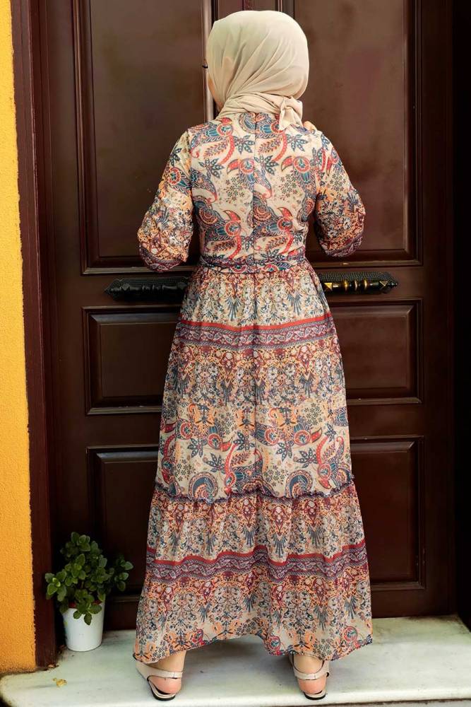 Beige Hijab Dress 76440BEJ - 4