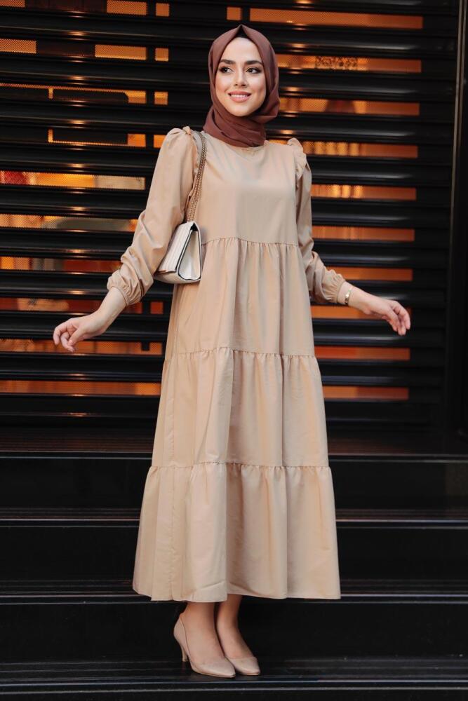 Beige Hijab Dress 7688BEJ - 2