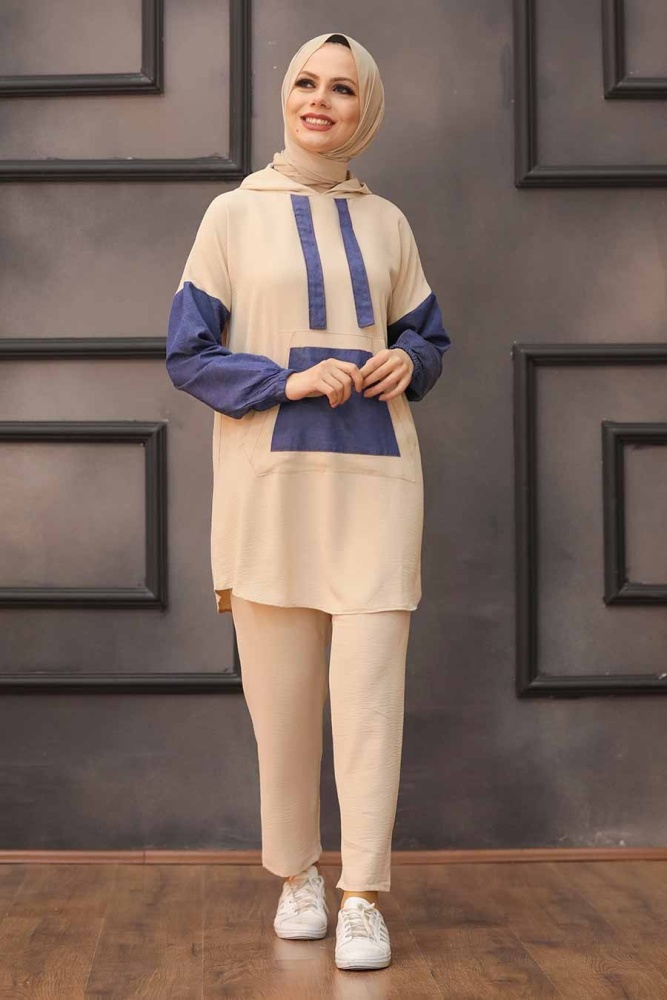 Beige Hijab Dual Suit Dress 1426BEJ - 1
