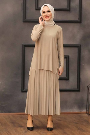 Beige Hijab Dual Suit Dress 41241BEJ - Thumbnail