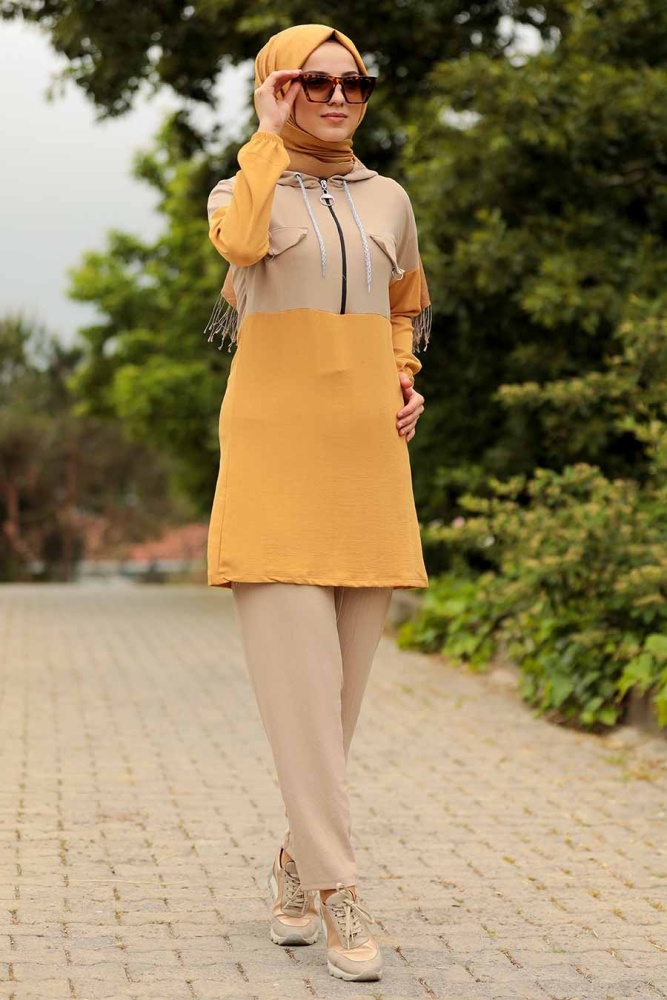 Beige Hijab Dual Suit Dress 9621BEJ - 1