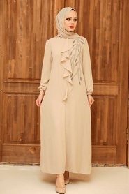 Neva Style - Modern Beige Islamic Long Sleeve Dress 12951BEJ - Thumbnail