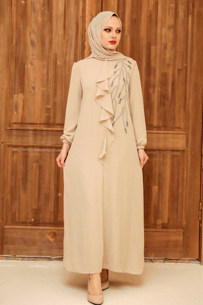 Neva Style - Modern Beige Islamic Long Sleeve Dress 12951BEJ - 1