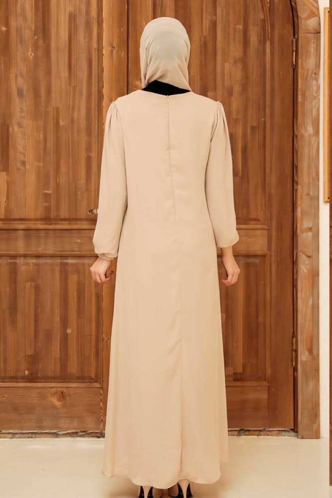 Neva Style - Modern Beige Islamic Long Sleeve Dress 12951BEJ - 2