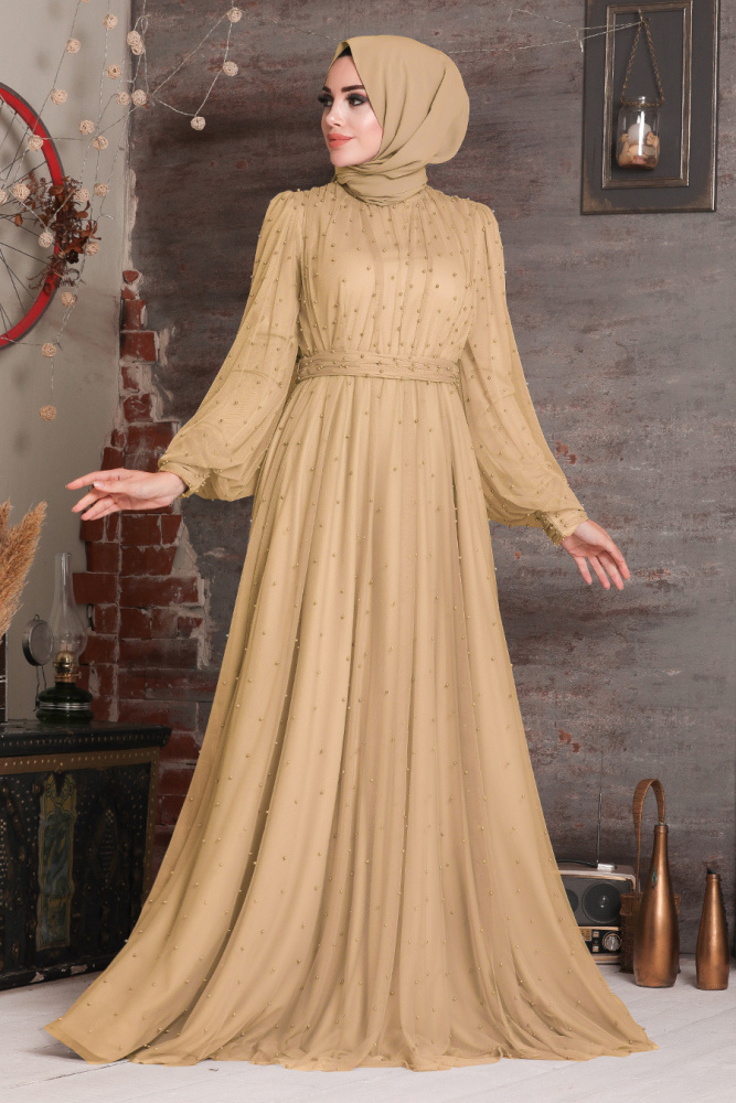 Beige Hijab Evening Dress 2176BEJ - 1
