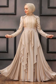 Neva Style - Luxury Beige Muslim Long Sleeve Dress 21850BEJ - Thumbnail