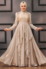 Neva Style - Luxury Beige Muslim Long Sleeve Dress 21850BEJ - Thumbnail
