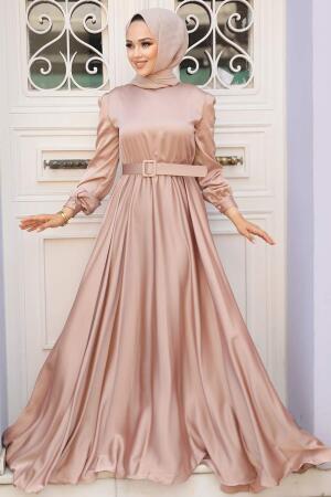 Neva Style - Satin Beige Islamic Evening Gown 28890BEJ - 1