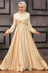 Neva Style - Satin Beige Islamic Evening Gown 28890BEJ - Thumbnail