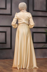 Neva Style - Satin Beige Islamic Evening Gown 28890BEJ - Thumbnail