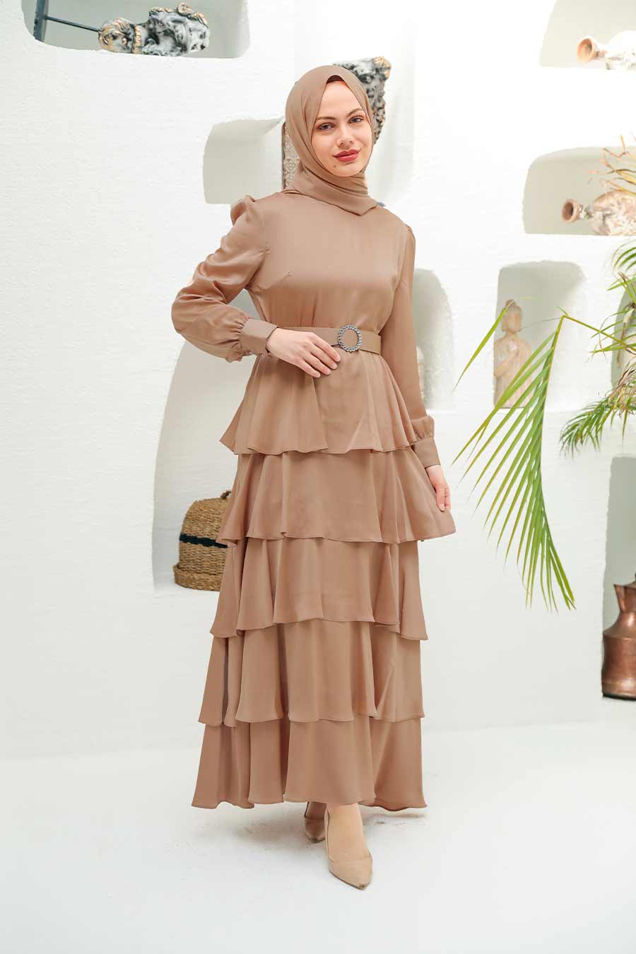 Neva Style Beige Turkish Hijab Muslim Evening Dress 3037BEJ