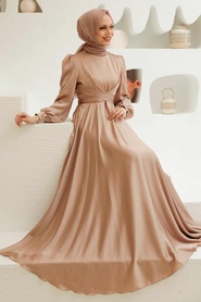 Neva Style - Satin Beige Modest Islamic Clothing Wedding Dress 3064BEJ - Thumbnail