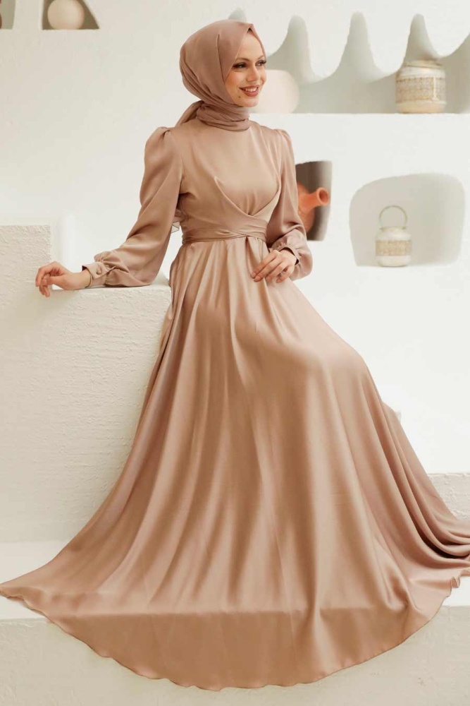 Neva Style - Satin Beige Modest Islamic Clothing Wedding Dress 3064BEJ - 1