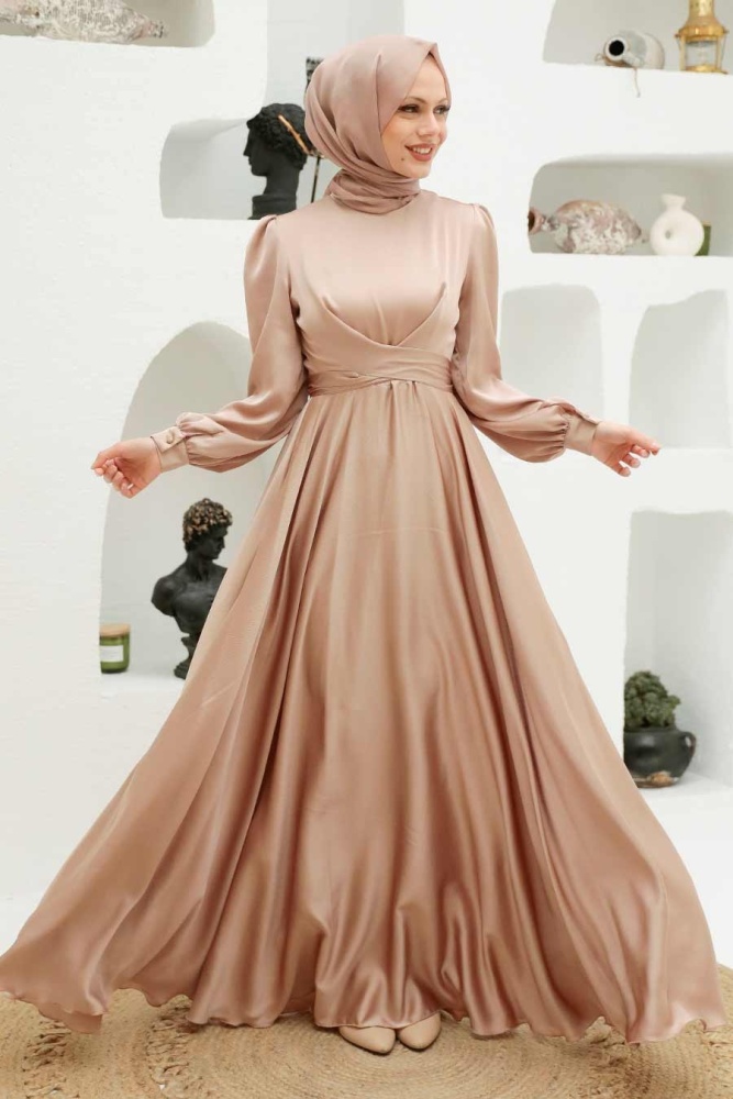 Neva Style - Satin Beige Modest Islamic Clothing Wedding Dress 3064BEJ - 2