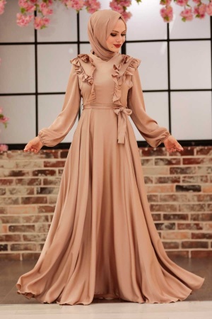 Neva Style - Satin Beige Modest Islamic Clothing Wedding Dress 3117BEJ - 1