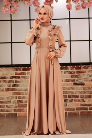 Neva Style - Satin Beige Modest Islamic Clothing Wedding Dress 3117BEJ - 2