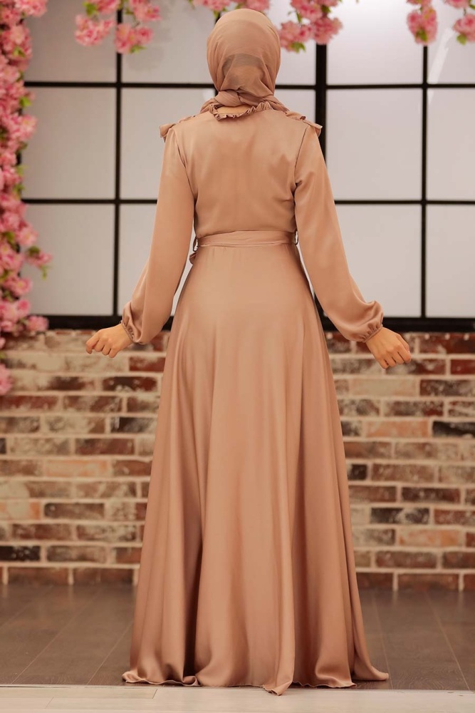 Neva Style - Satin Beige Modest Islamic Clothing Wedding Dress 3117BEJ - 3