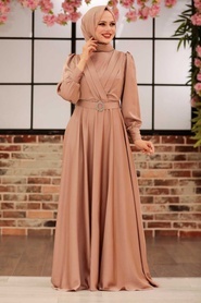 Neva Style - Satin Beige Muslim Fashion Wedding Dress 31290BEJ - Thumbnail