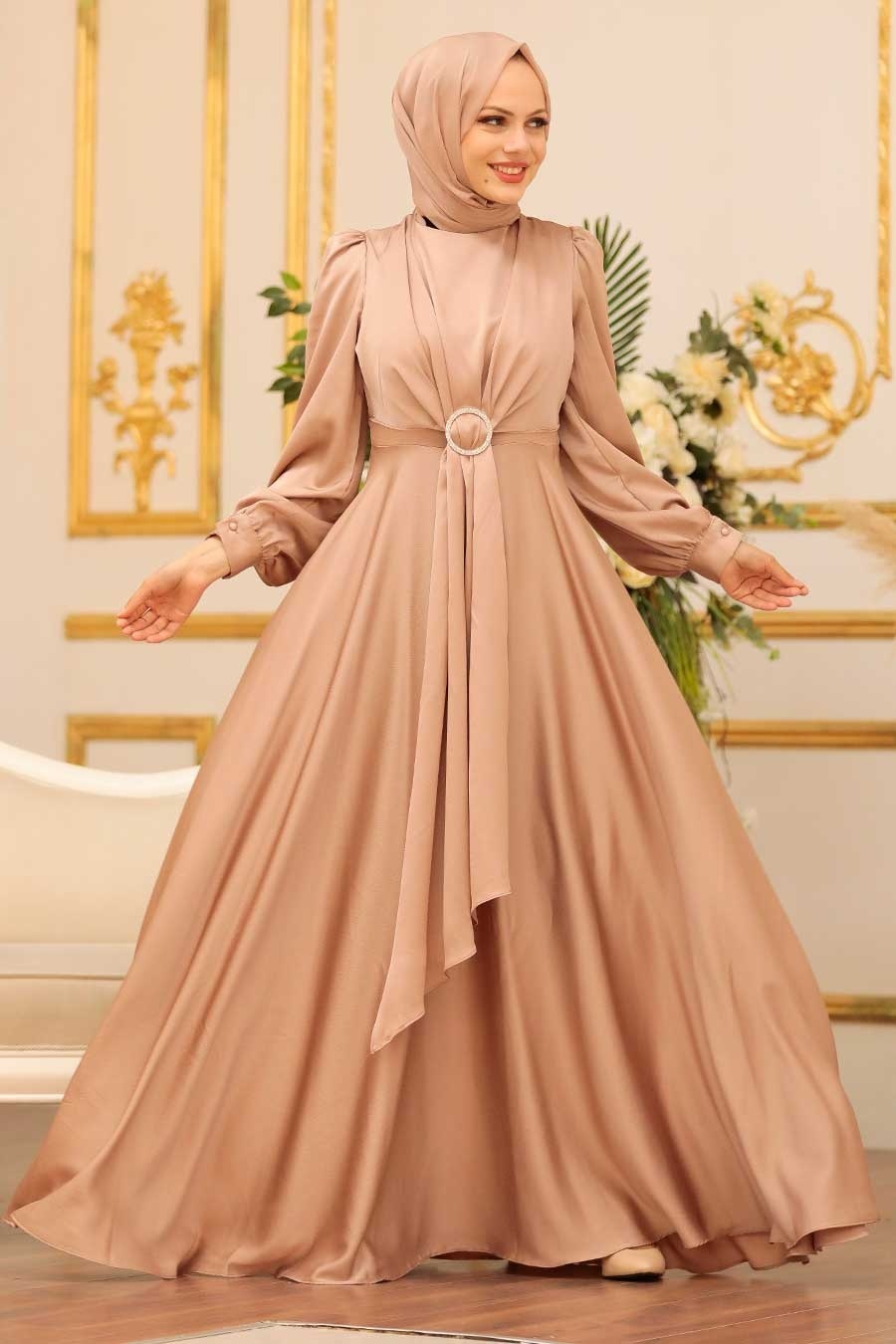 Neva Style - Long Sleeve Beige Hijab Evening Dress 3145BEJ