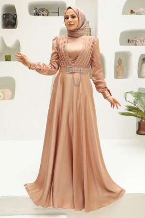 Neva Style - Long Sleeve Beige Islamic Long Sleeve Maxi Dress 3454BEJ - 1