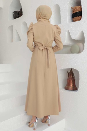 Neva Style - Long Beige Islamic Clothing Wedding Dress 45601BEJ - 2