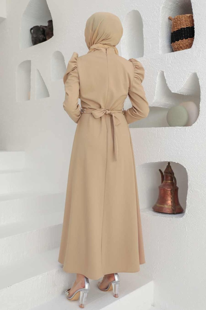 Neva Style - Long Beige Islamic Clothing Wedding Dress 45601BEJ - 2