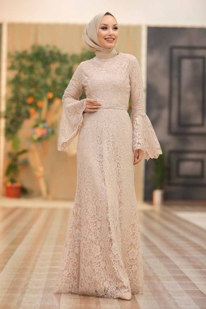 Beige Hijab Evening Dress 5487BEJ - 3
