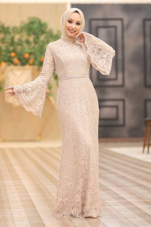 Beige Hijab Evening Dress 5487BEJ - 1