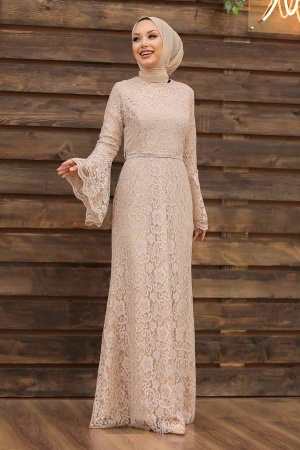 Beige Hijab Evening Dress 5487BEJ - 2