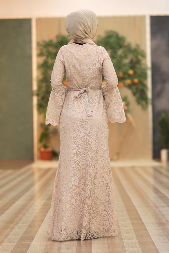 Beige Hijab Evening Dress 5487BEJ - 4
