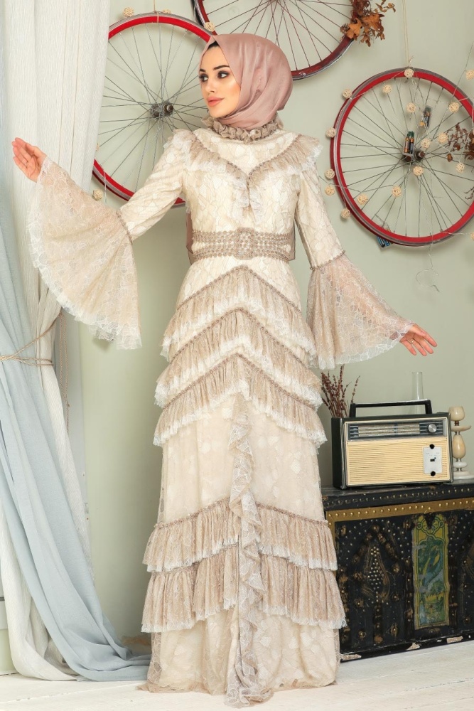 Beige Hijab Evening Dress 75801BEJ - 2
