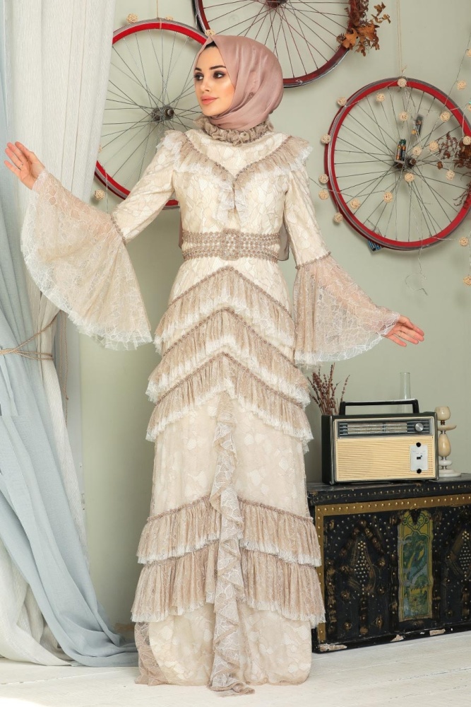Beige Hijab Evening Dress 75801BEJ - 3