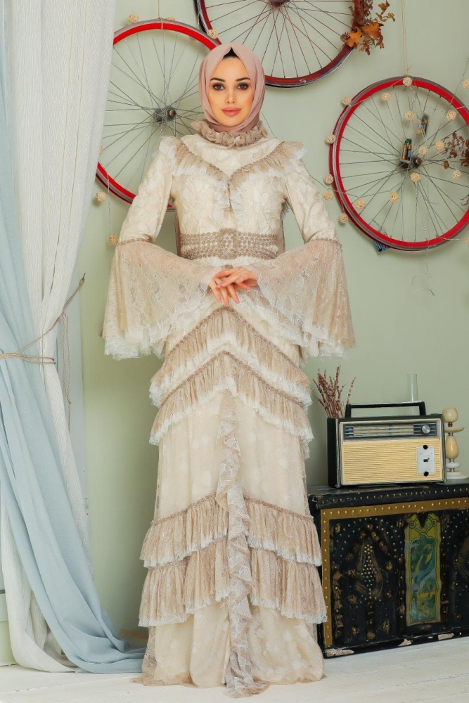 Beige Hijab Evening Dress 75801BEJ - 1