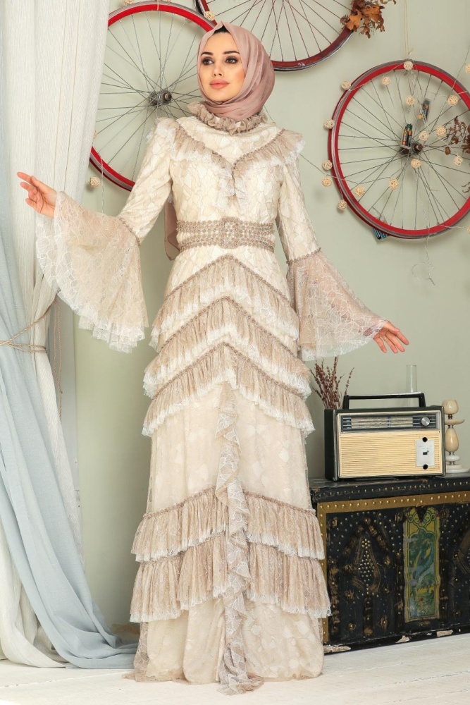 Beige Hijab Evening Dress 75801BEJ - 4