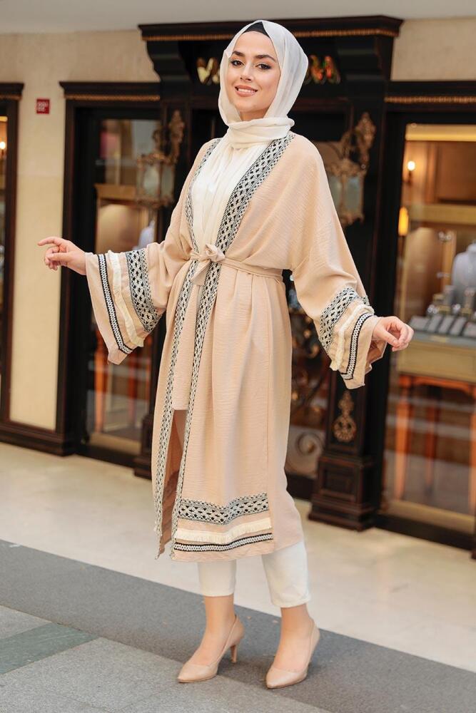 Beige Hijab Kimono 10455BEJ - 2