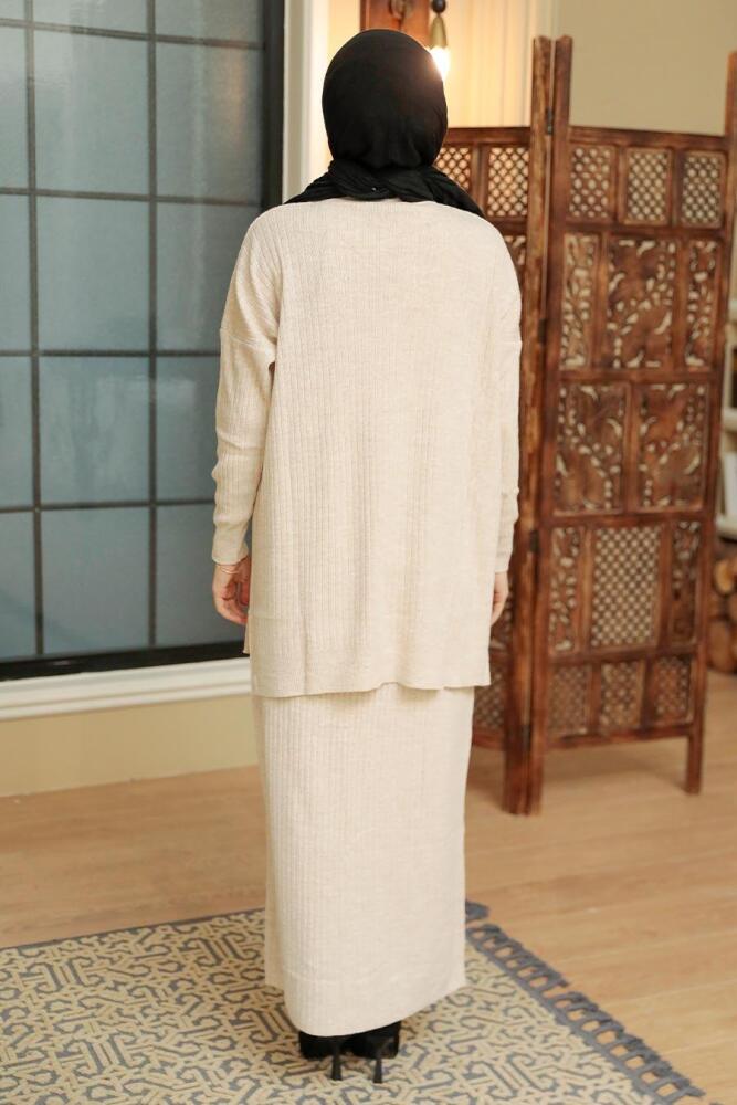 Beige Hijab Knitwear Suit Dress 34021BEJ - 4