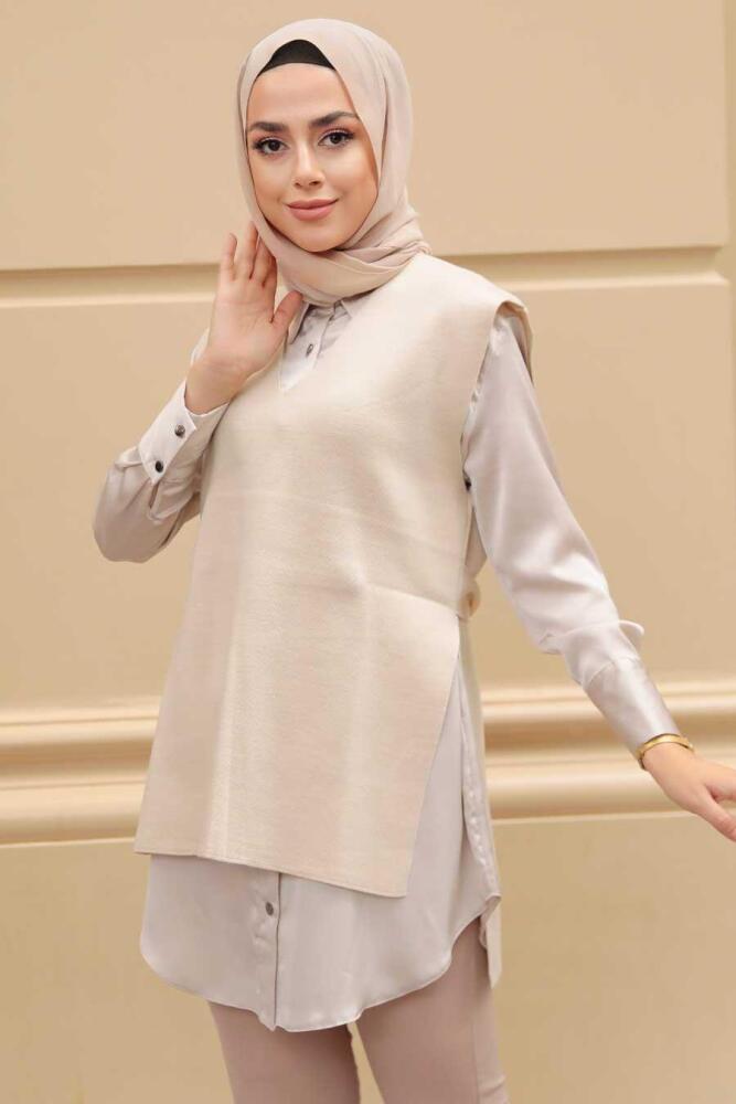  Beige Hijab Knitwear Sweater 23881BEJ - 1