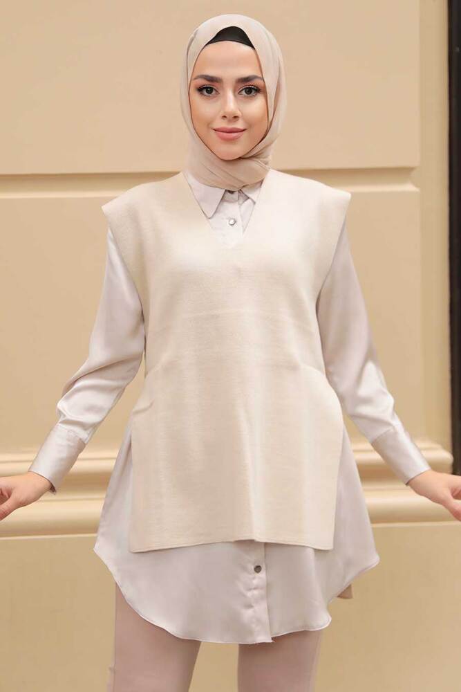  Beige Hijab Knitwear Sweater 23881BEJ - 2