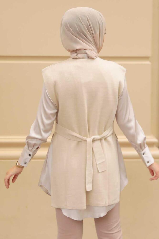  Beige Hijab Knitwear Sweater 23881BEJ - 3