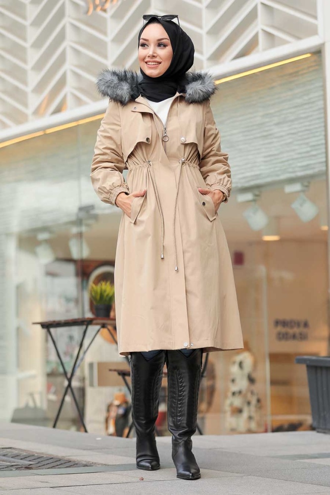 Beige Hijab Parka Coat 9066BEJ - 1