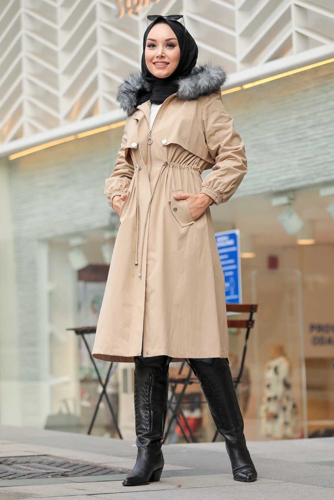 Beige Hijab Parka Coat 9066BEJ - 3